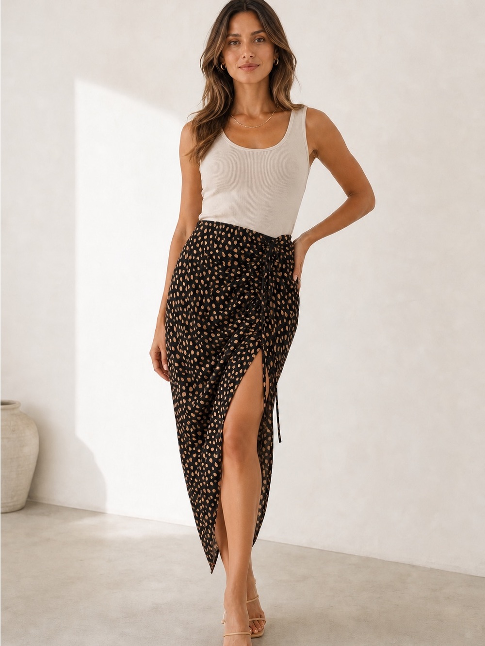 mahina Black High-Low Ruched Midi Skirt with Tan Spot Print